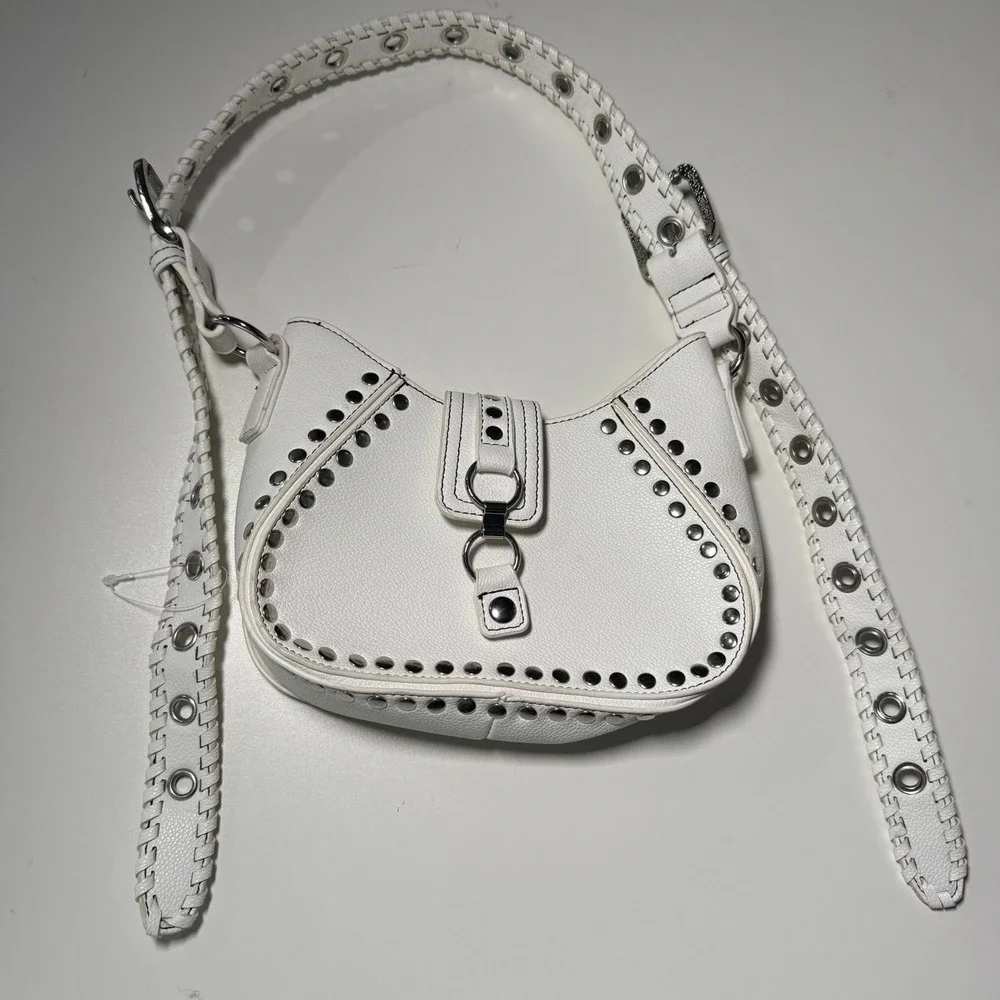 White Studded Shoulder Bag‎ Silver Studs Adjustable Strap Grunge purse